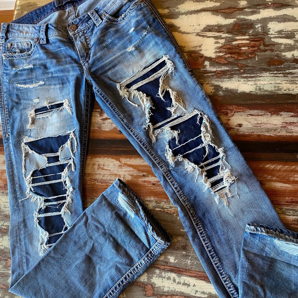 1921 Denim by Western Glove Works Straight leg distressed jeans sz 29/34 length